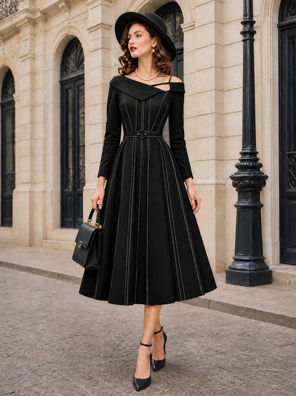 Vintage Pinstripe Cold A-Line Midi Dress