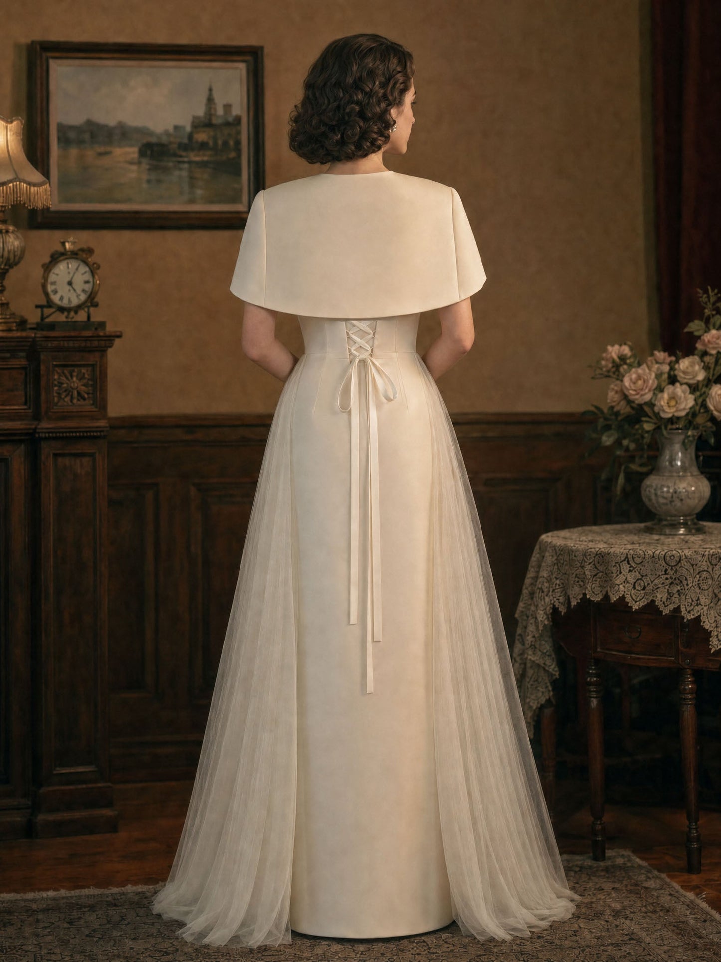 Vintage Two-Piece Set, Cape & Mesh Panel Strapless Dress
