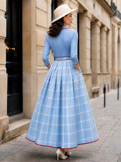 Vintage Plaid Maxi Dress With Red Piping