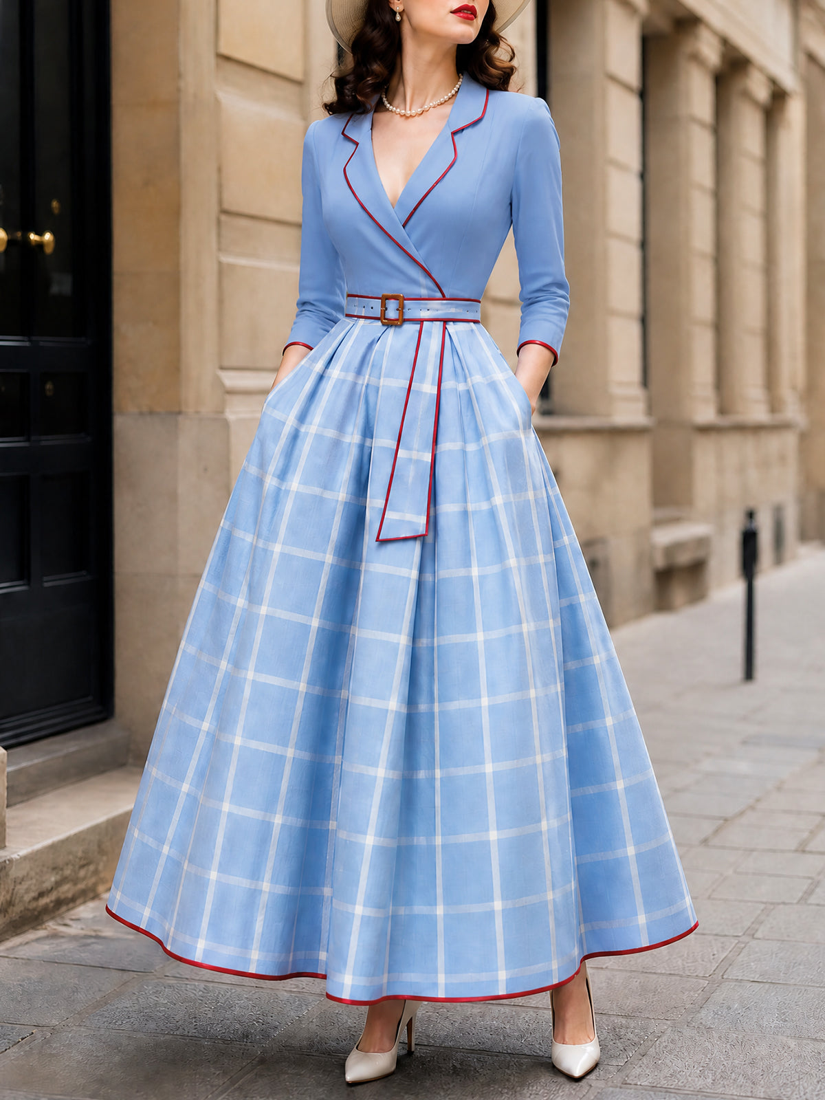 Vintage Plaid Maxi Dress With Red Piping