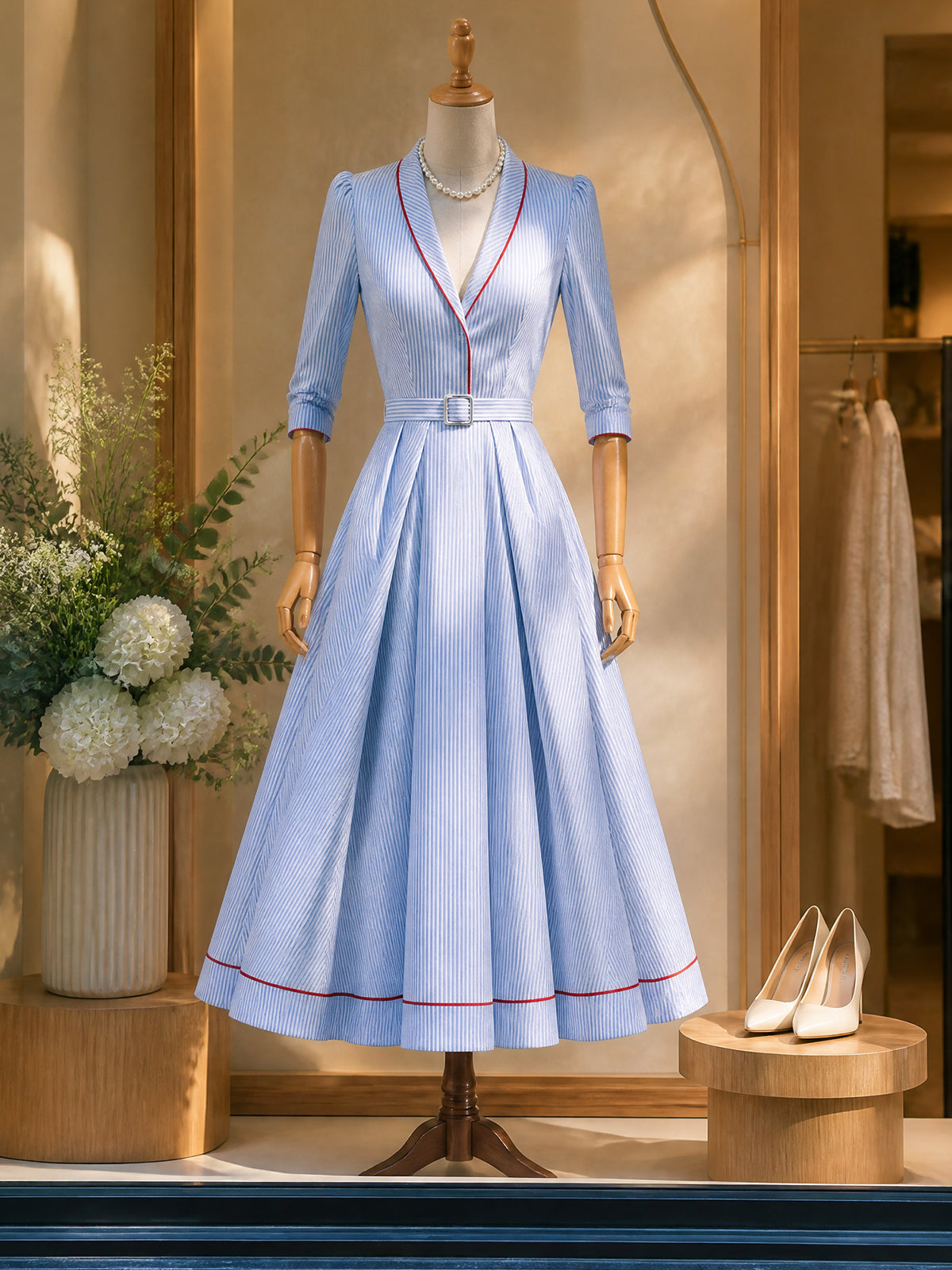 Vintage Blue Pinstripe Belted Maxi Dress