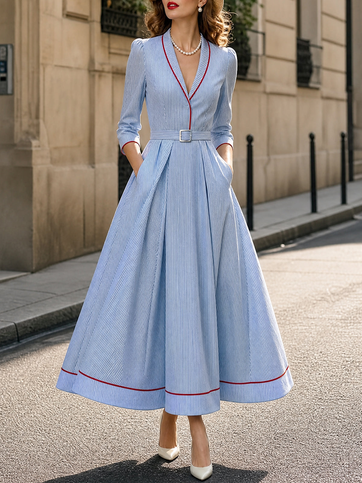 Vintage Blue Pinstripe Belted Maxi Dress