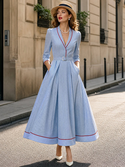 Vintage Blue Pinstripe Belted Maxi Dress