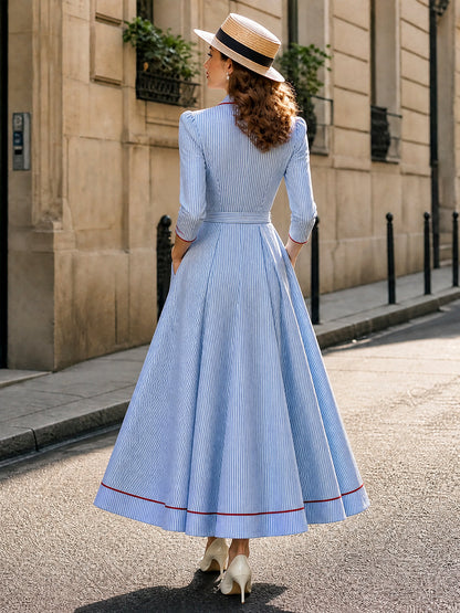 Vintage Blue Pinstripe Belted Maxi Dress