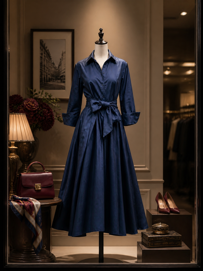 Vintage Tie-Waist Fit-and-Flare Cotton Shirt Maxi Dress