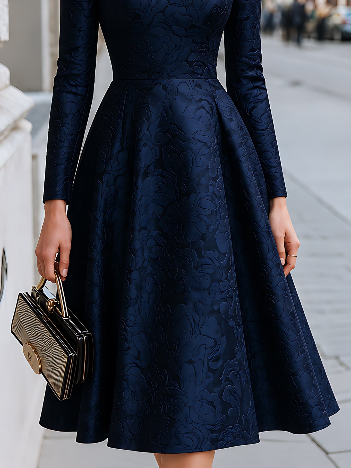 Embossed Jacquard A-Line Stand-Collar Dress