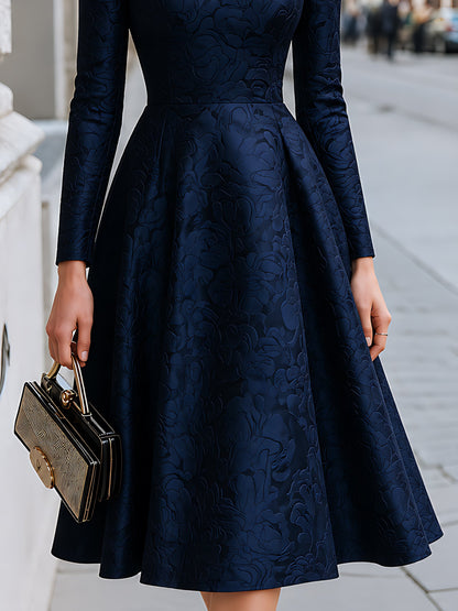 Embossed Jacquard A-Line Stand-Collar Dress