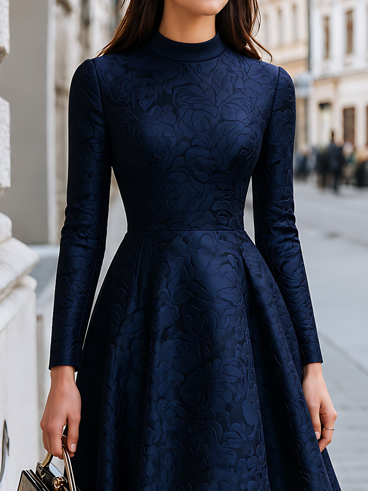 Embossed Jacquard A-Line Stand-Collar Dress