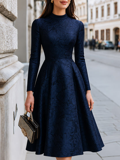 Embossed Jacquard A-Line Stand-Collar Dress