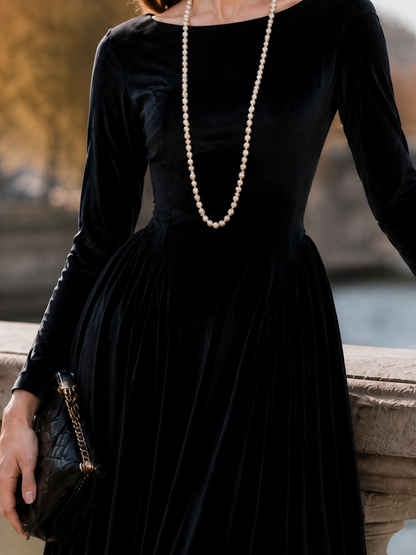 Vintage Black Velvet Fit-and-Flare Tea-Length Midi Dress