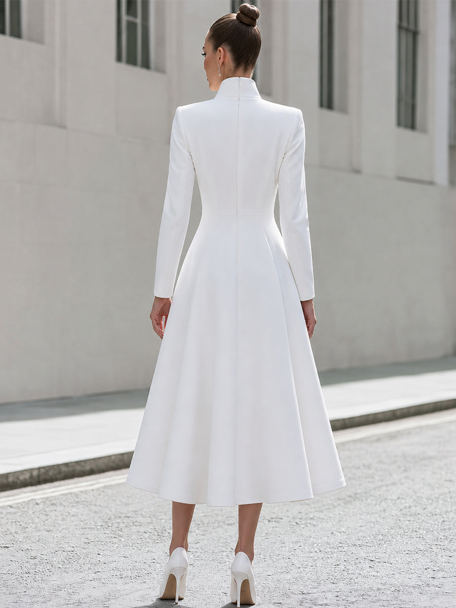 Stand Collar Blazer Midi Dress With Side Pockets