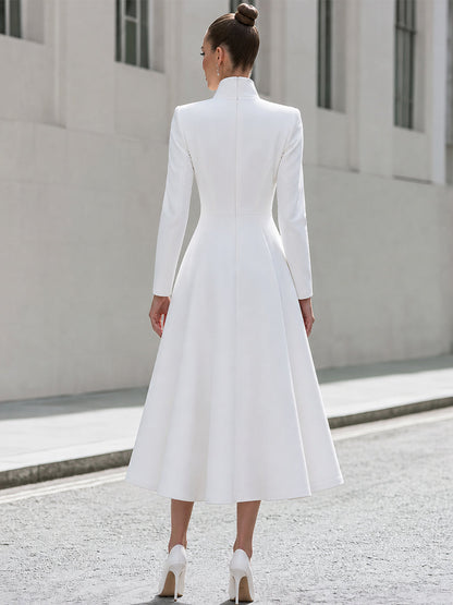Stand Collar Blazer Midi Dress With Side Pockets