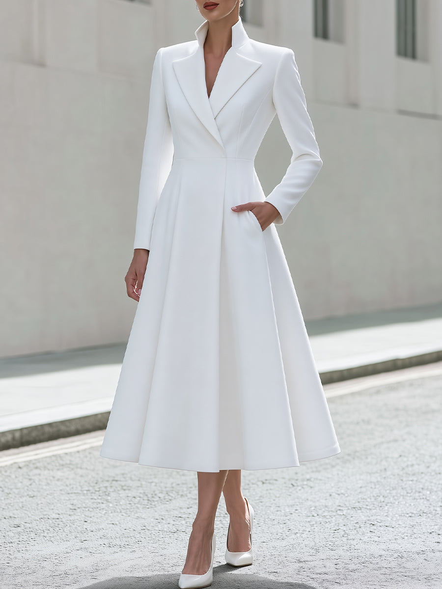 Stand Collar Blazer Midi Dress With Side Pockets