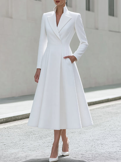 Stand Collar Blazer Midi Dress With Side Pockets