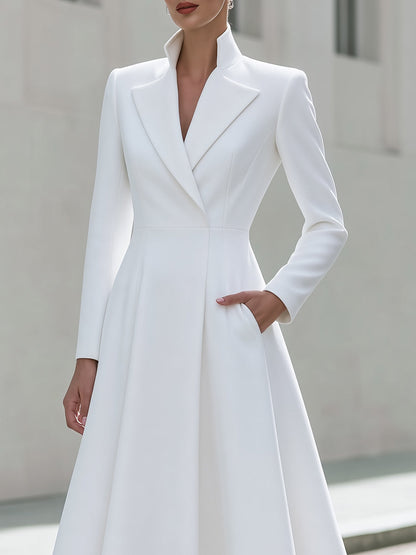 Stand Collar Blazer Midi Dress With Side Pockets