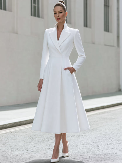 Stand Collar Blazer Midi Dress With Side Pockets
