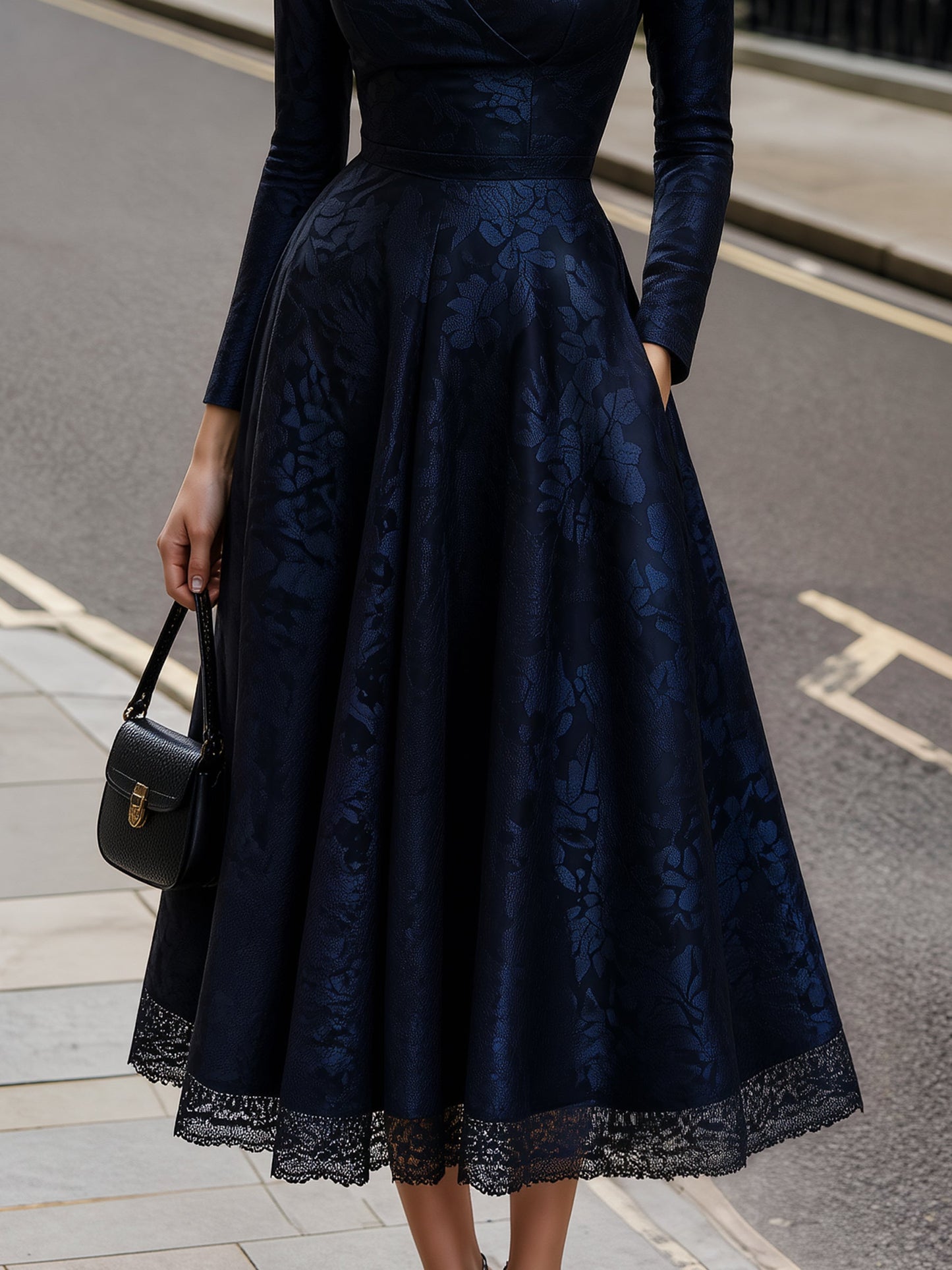 Jacquard Lace-Hem A-Line Maxi Dress