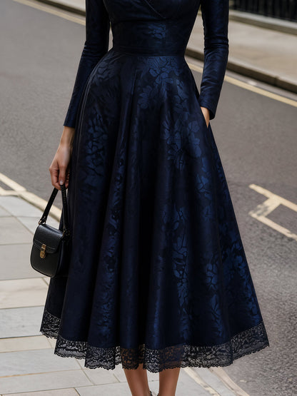 Jacquard Lace-Hem A-Line Maxi Dress
