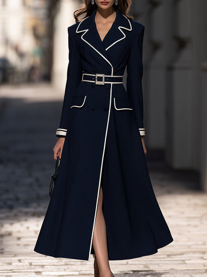 Color-Blocked Piping Belt Suit-Style Long Dress