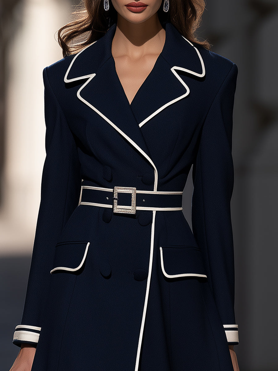Color-Blocked Piping Belt Suit-Style Long Dress