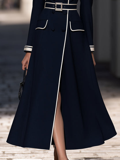 Color-Blocked Piping Belt Suit-Style Long Dress