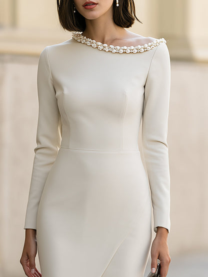 Embellished Boat-Neck Wrap Midi Dress