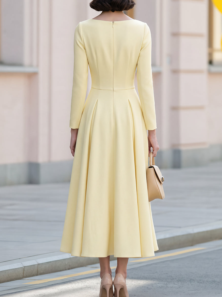 Cross Waist Boat Neck Fit Flare Midi Crepe Dress