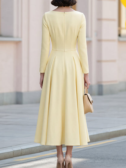 Cross Waist Boat Neck Fit Flare Midi Crepe Dress