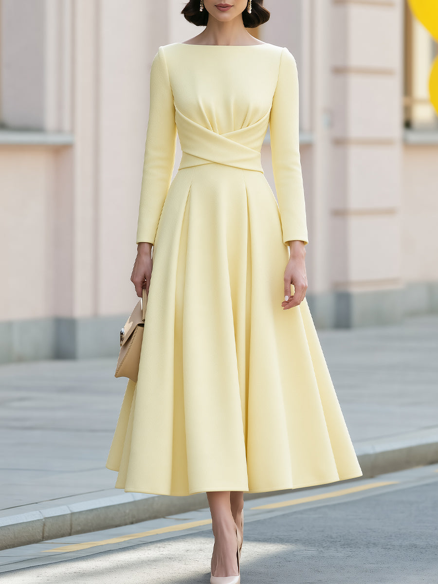 Cross Waist Boat Neck Fit Flare Midi Crepe Dress
