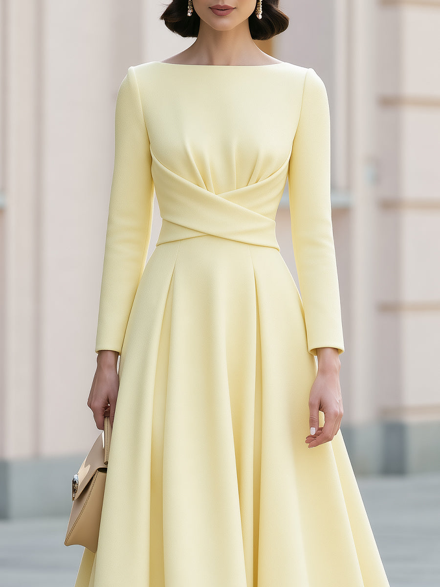 Cross Waist Boat Neck Fit Flare Midi Crepe Dress
