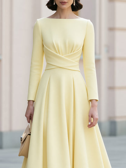 Cross Waist Boat Neck Fit Flare Midi Crepe Dress
