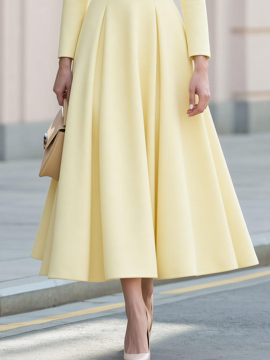 Cross Waist Boat Neck Fit Flare Midi Crepe Dress