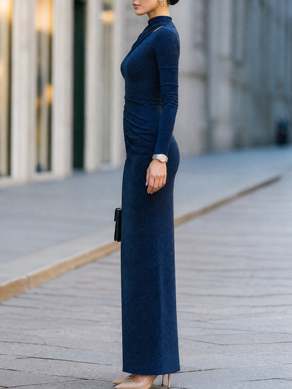 Long Sleeve Cutout Neck Ruched Bodycon Maxi Dress