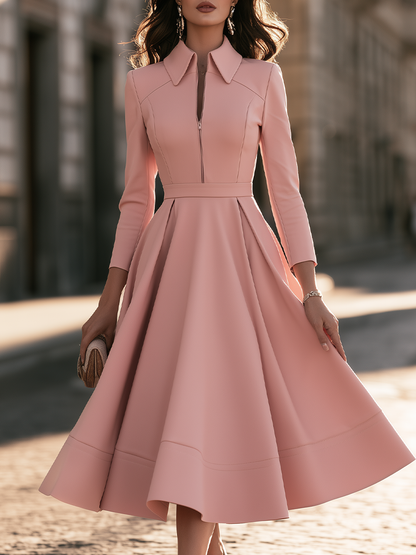 Zip-Front Collared Maxi Dress With Full Skirt