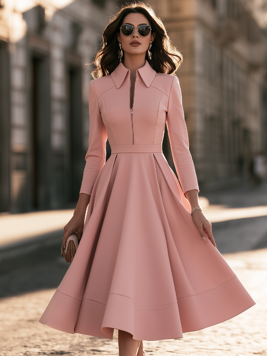 Zip-Front Collared Maxi Dress With Full Skirt