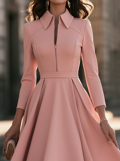 Zip-Front Collared Maxi Dress With Full Skirt