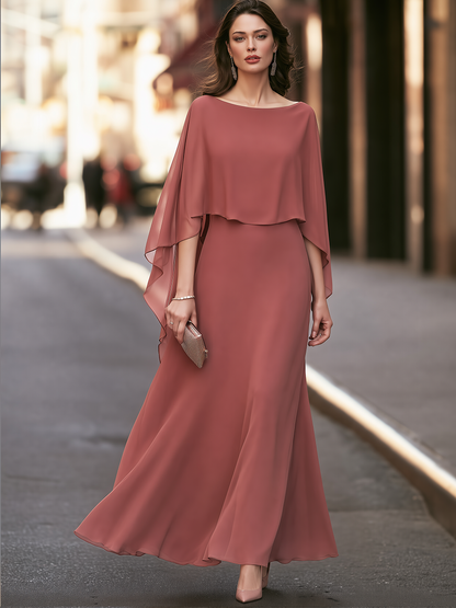 Elegant Cape Sleeve Chiffon Maxi Evening Dress