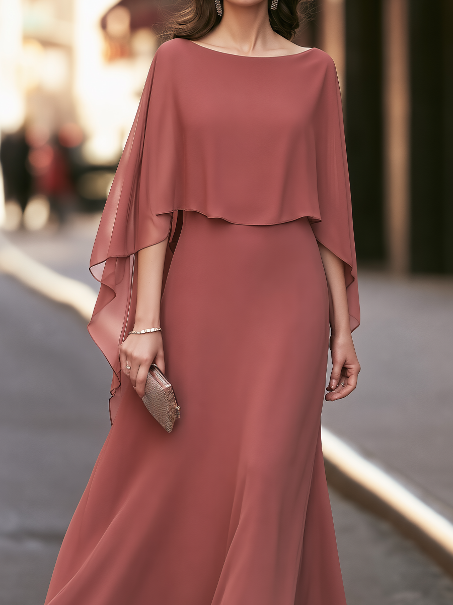 Elegant Cape Sleeve Chiffon Maxi Evening Dress