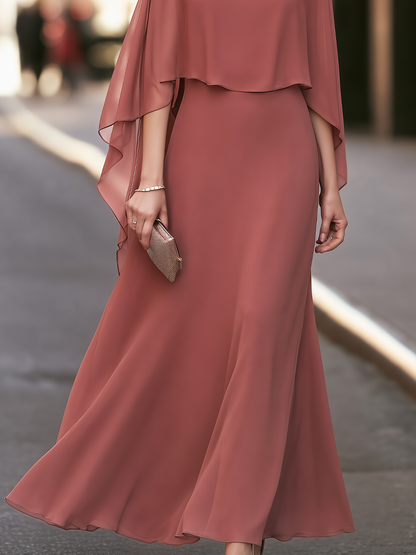 Elegant Cape Sleeve Chiffon Maxi Evening Dress