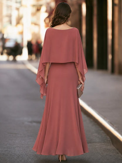 Elegant Cape Sleeve Chiffon Maxi Evening Dress