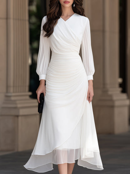 Gathered Waist Layered Draped Chiffon Midi Dress