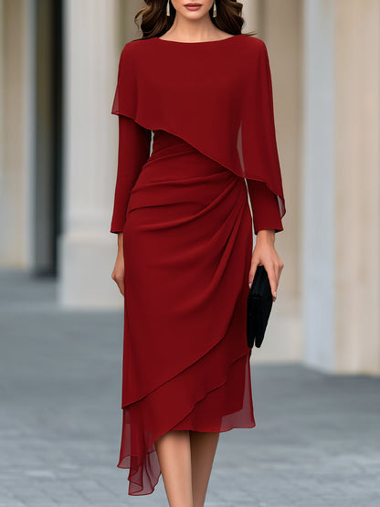 Cape-Style Chiffon Overlay Draped Midi Dress