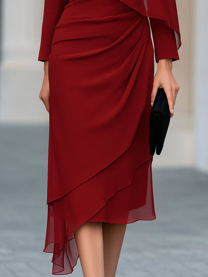 Cape-Style Chiffon Overlay Draped Midi Dress