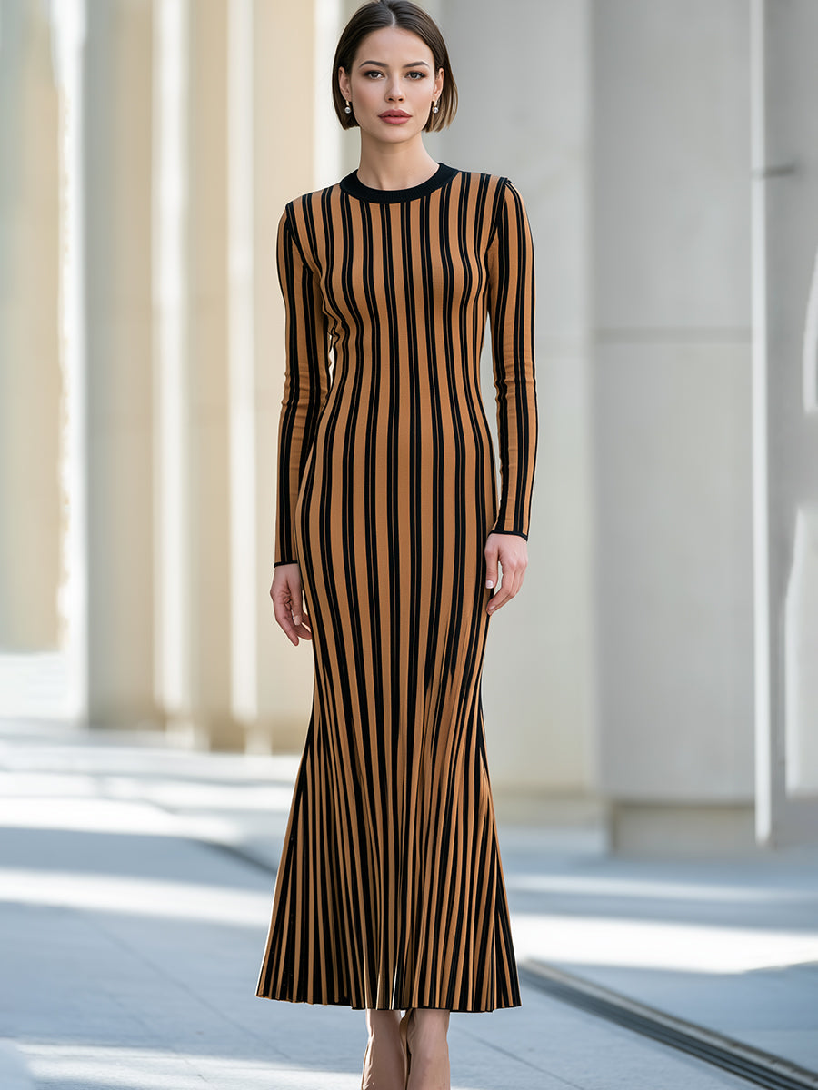 Vertical-Stripe Knit Mermaid Maxi Dress