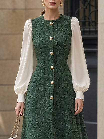 Contrast Sleeve Button-Front Tweed Structured Midi Dress