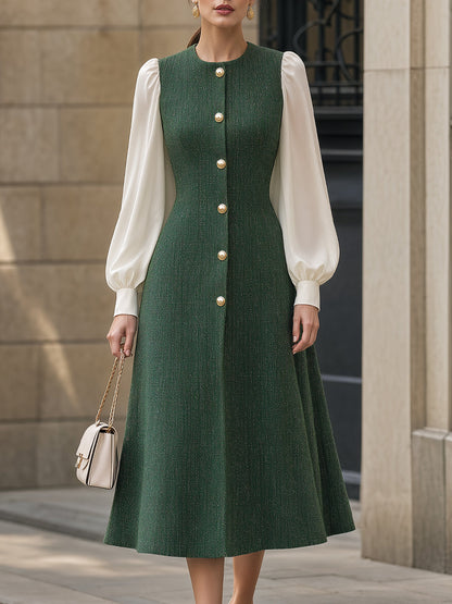 Contrast Sleeve Button-Front Tweed Structured Midi Dress
