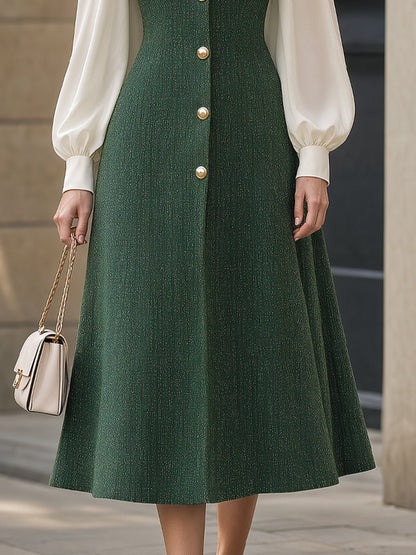 Contrast Sleeve Button-Front Tweed Structured Midi Dress
