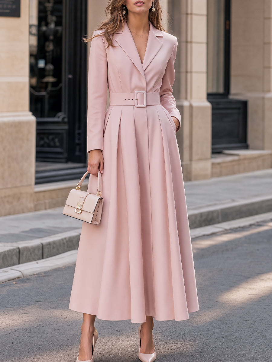 Notched Lapel Belted Structured Maxi Dress