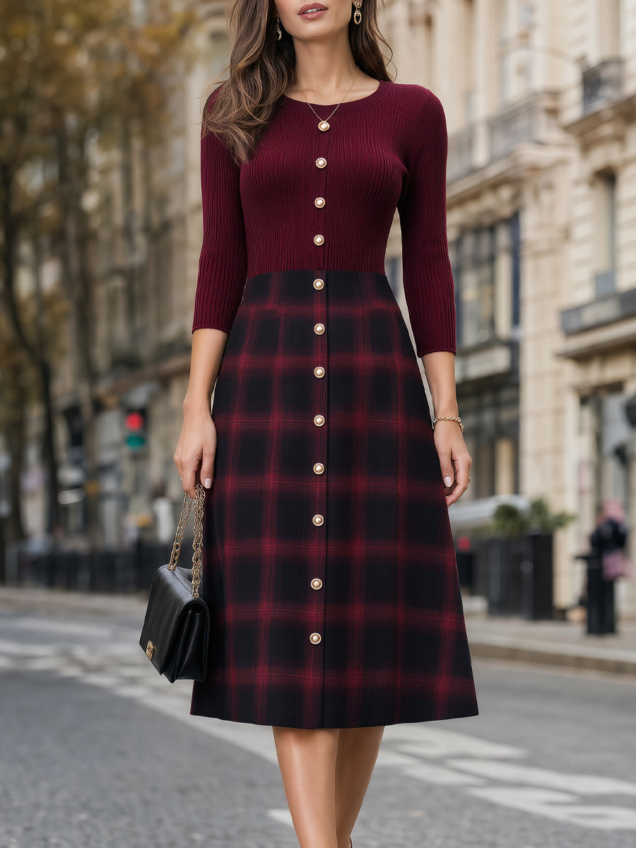 Button-Front Plaid Structured Midi Dress