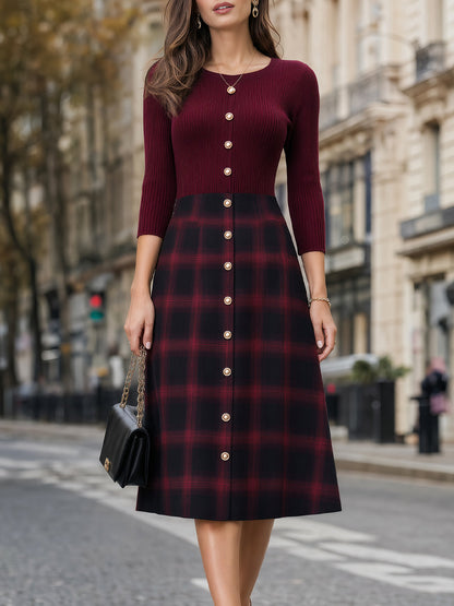 Button-Front Plaid Structured Midi Dress